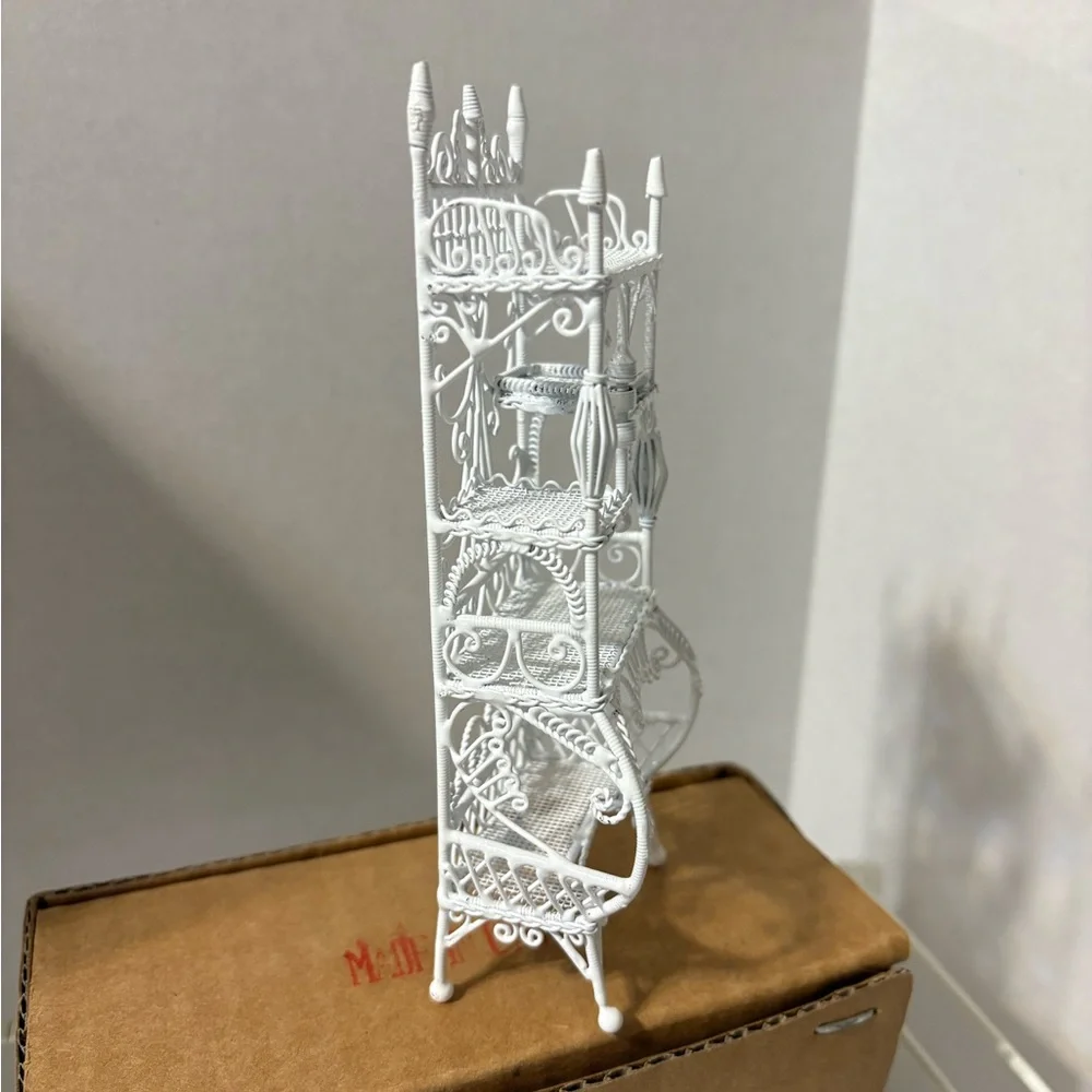 miniature‎ white metal Victorian-style wicker etagere display shelf Wrought Iron